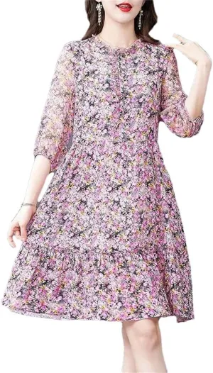 Women's Elegant Printed Spliced Loose Ruffles Mini Dress Summer Half Sleeve Office Lady Floral Dress