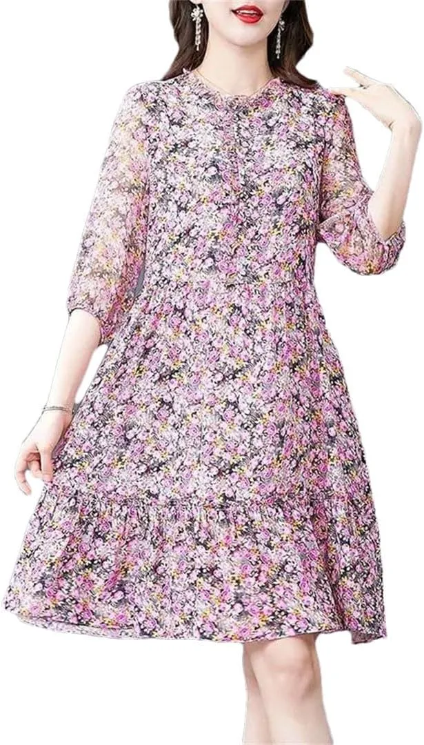 Women's Elegant Printed Spliced Loose Ruffles Mini Dress Summer Half Sleeve Office Lady Floral Dress
