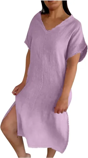 Women's Flowy Summer Dress 2025 Trendy Short Sleeve V Neck Swing Dresses Fashion Smooth Side Split Dresses