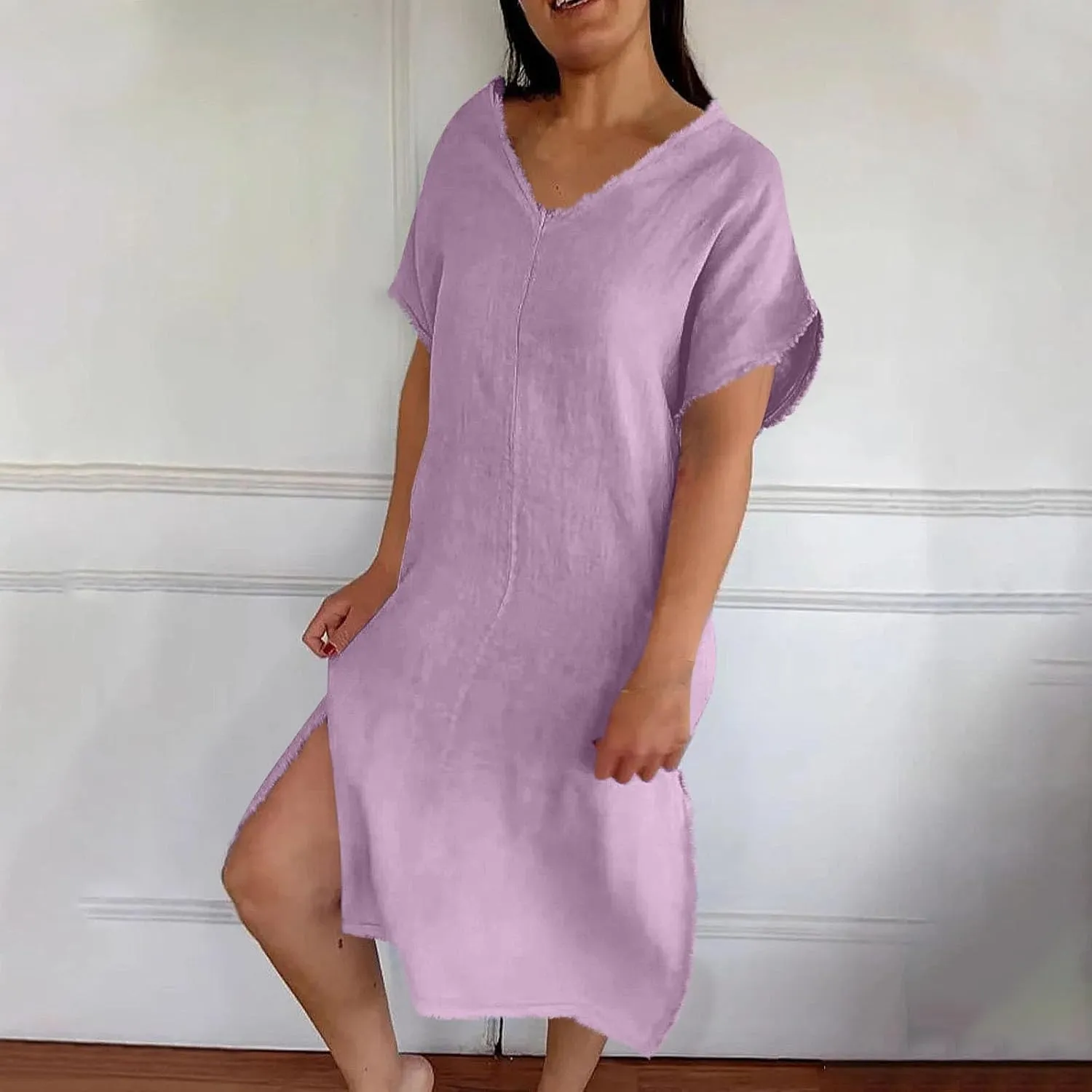 Women's Flowy Summer Dress 2025 Trendy Short Sleeve V Neck Swing Dresses Fashion Smooth Side Split Dresses