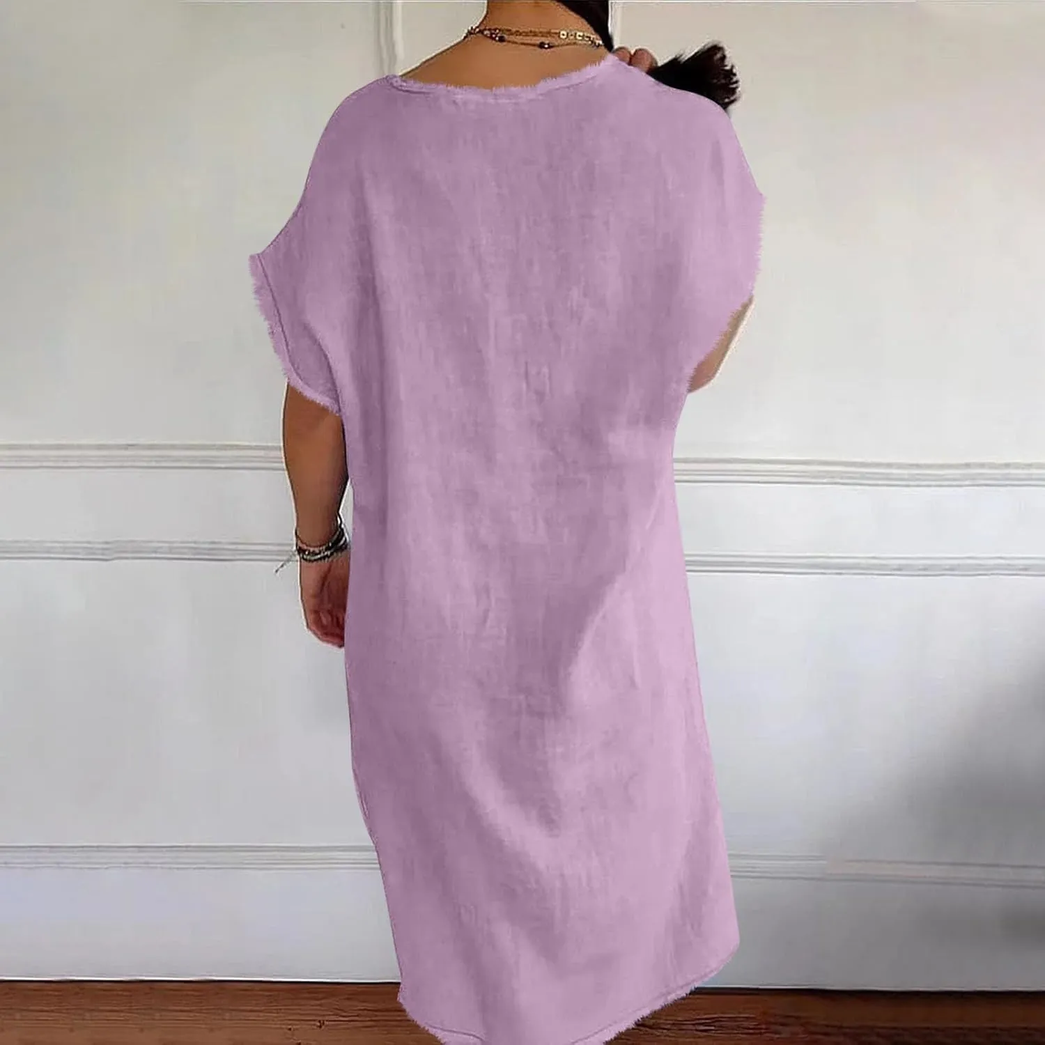 Women's Flowy Summer Dress 2025 Trendy Short Sleeve V Neck Swing Dresses Fashion Smooth Side Split Dresses
