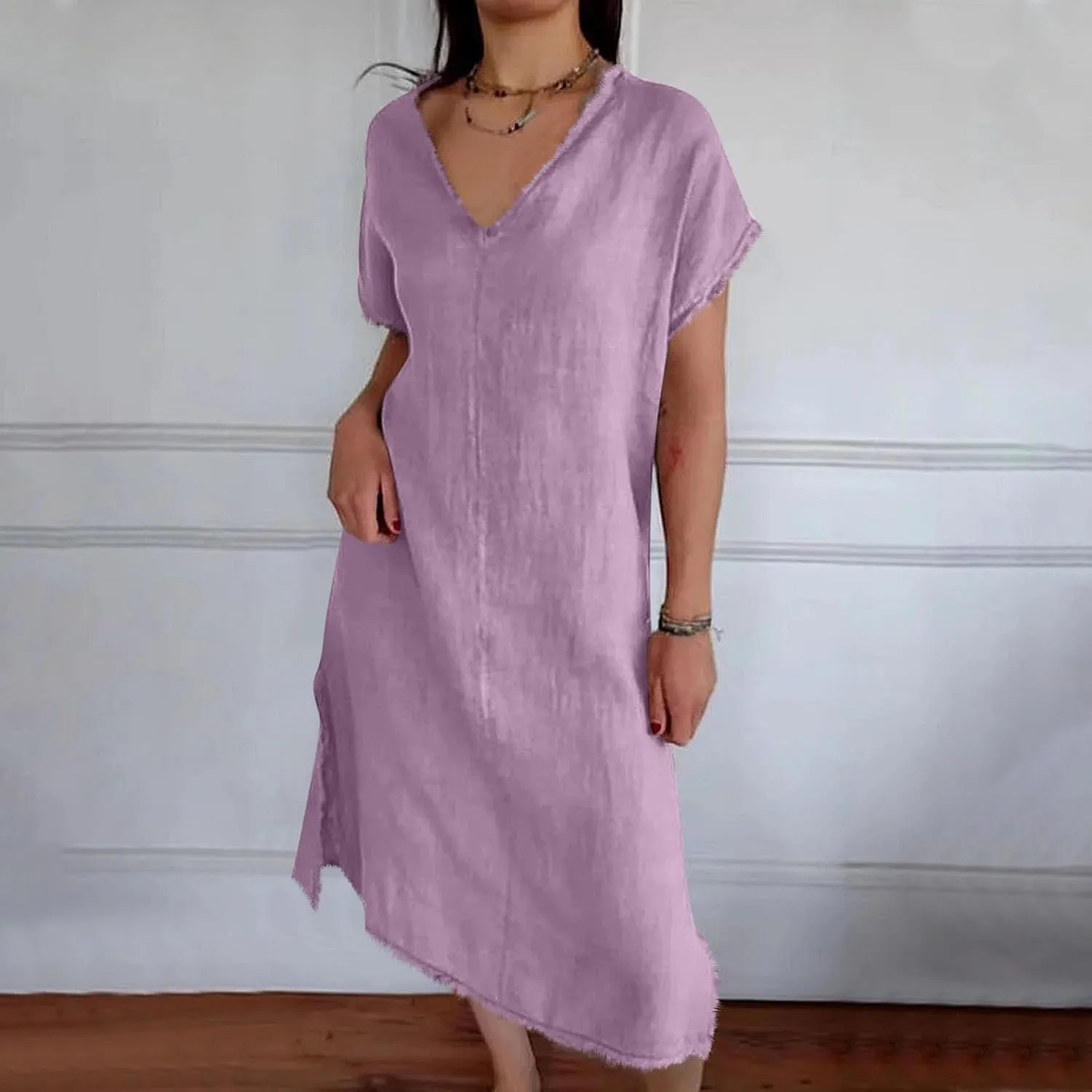 Women's Flowy Summer Dress 2025 Trendy Short Sleeve V Neck Swing Dresses Fashion Smooth Side Split Dresses