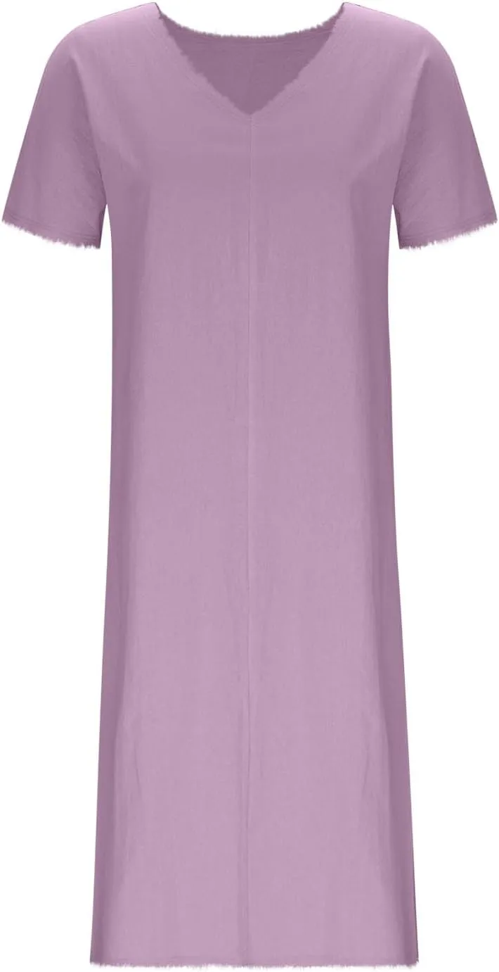 Women's Flowy Summer Dress 2025 Trendy Short Sleeve V Neck Swing Dresses Fashion Smooth Side Split Dresses