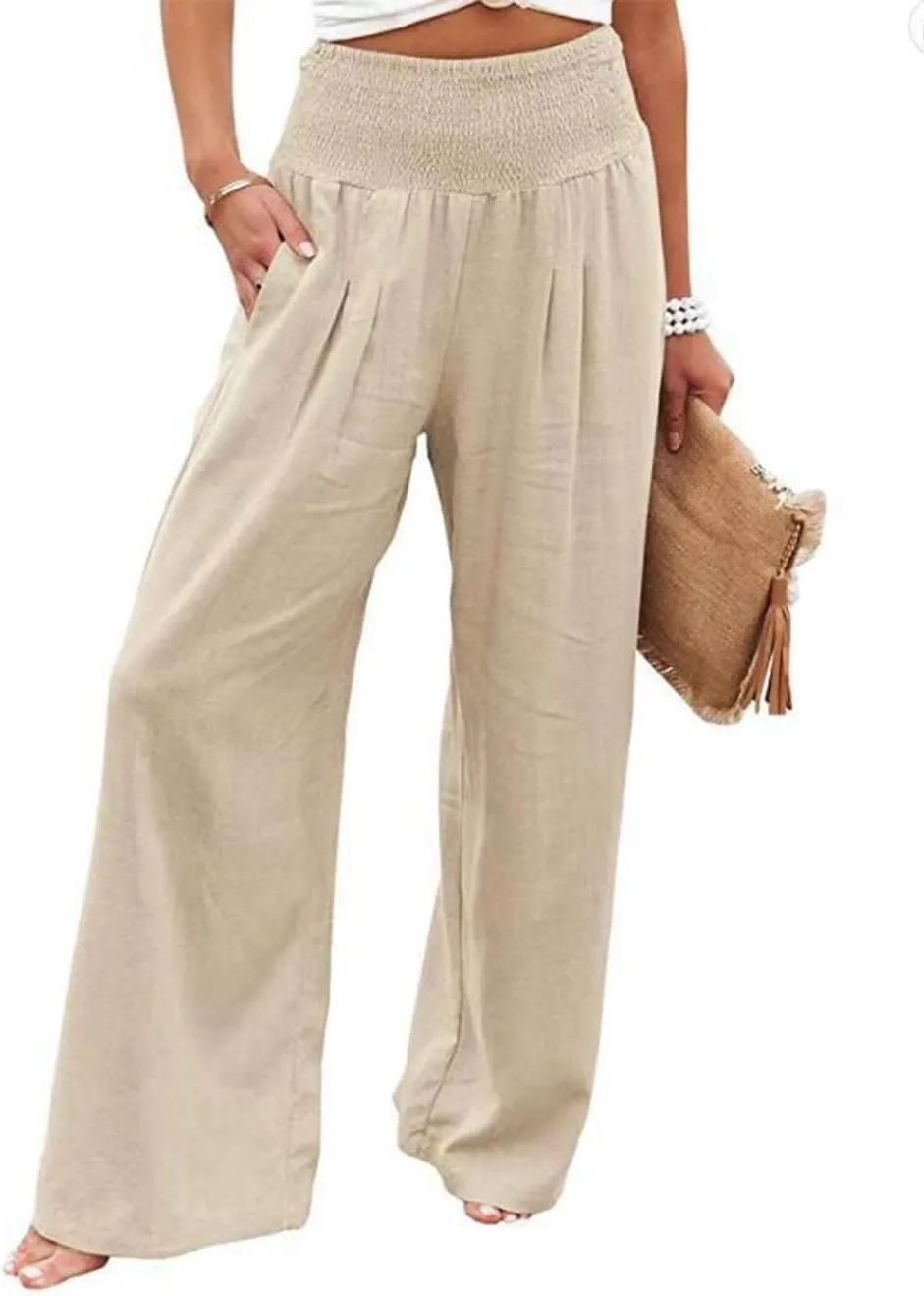 Womens Linen Palazzo Pants Wide Leg Elastic High Waisted Trousers Flowy Loose Long Lounge Comfy Pant with Pocket