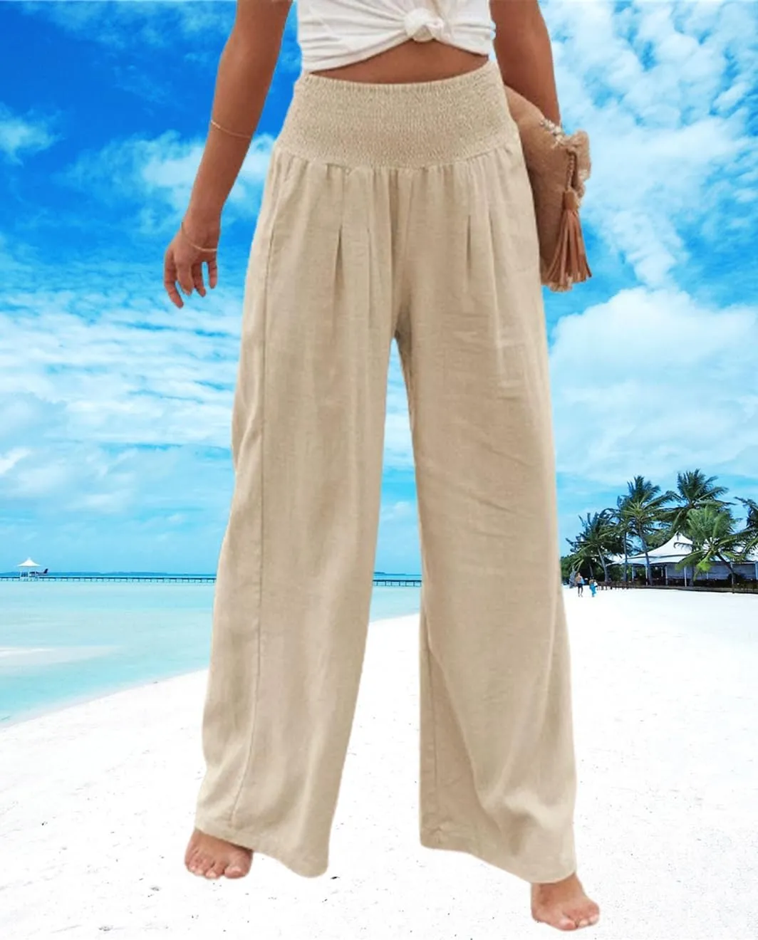 Womens Linen Palazzo Pants Wide Leg Elastic High Waisted Trousers Flowy Loose Long Lounge Comfy Pant with Pocket