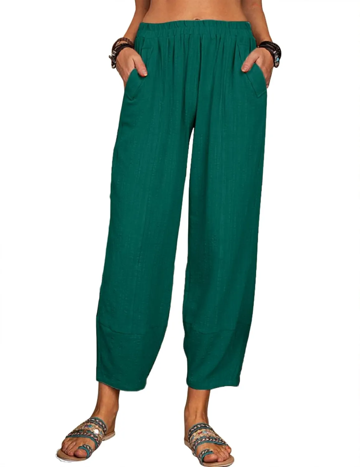 Womens Loose Casual Wide Leg Pants Loose Lightweight Comfy Elastic Waist Lantern Tapered Cropped Trousers with Pockets