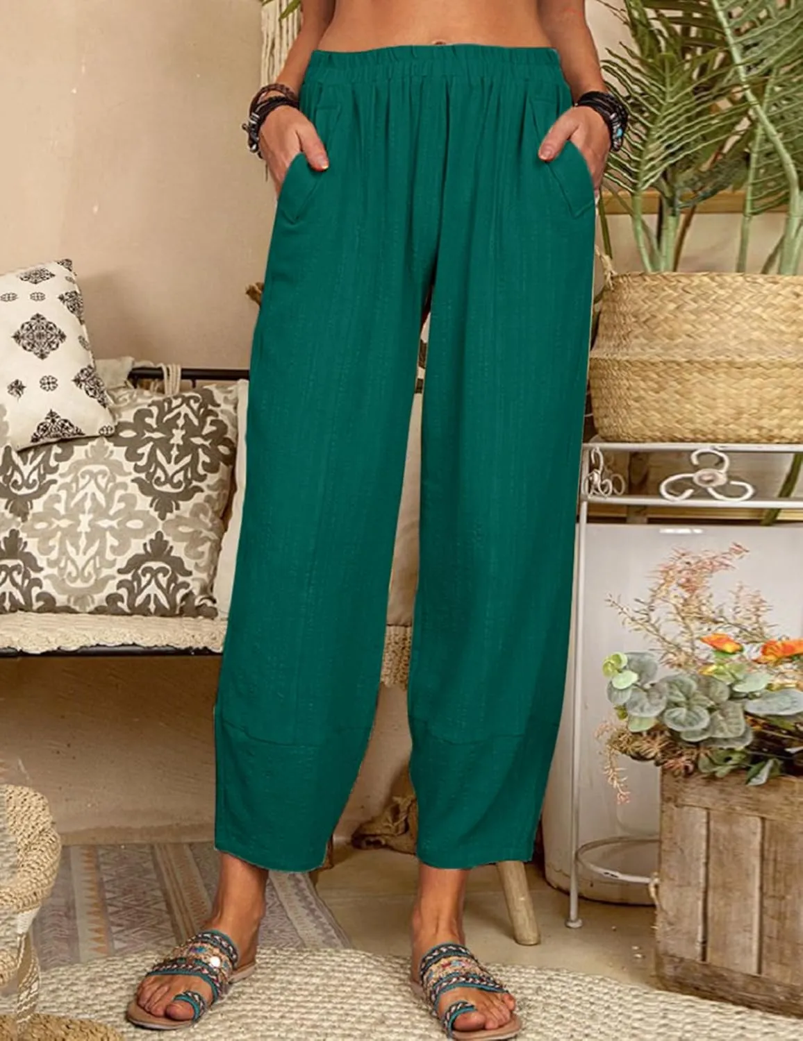 Womens Loose Casual Wide Leg Pants Loose Lightweight Comfy Elastic Waist Lantern Tapered Cropped Trousers with Pockets