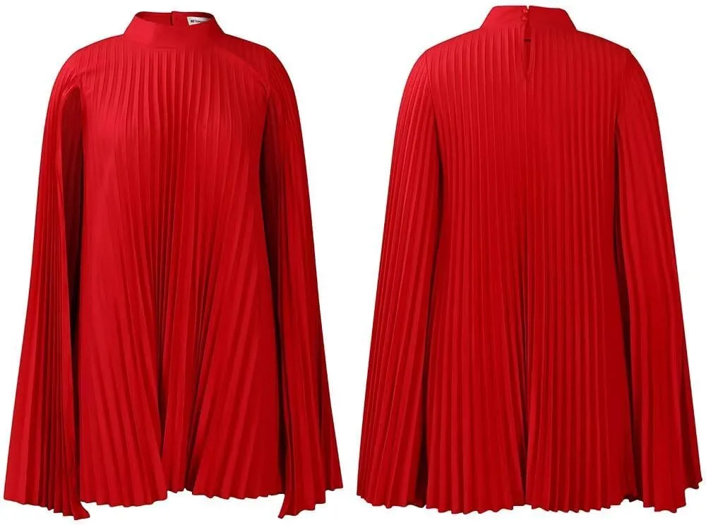 Women's Mock Neck Cloak Sleeve Pleated Keyhole Back Flowy Party Midi Dress Pleated Short Dress for Cocktail Party