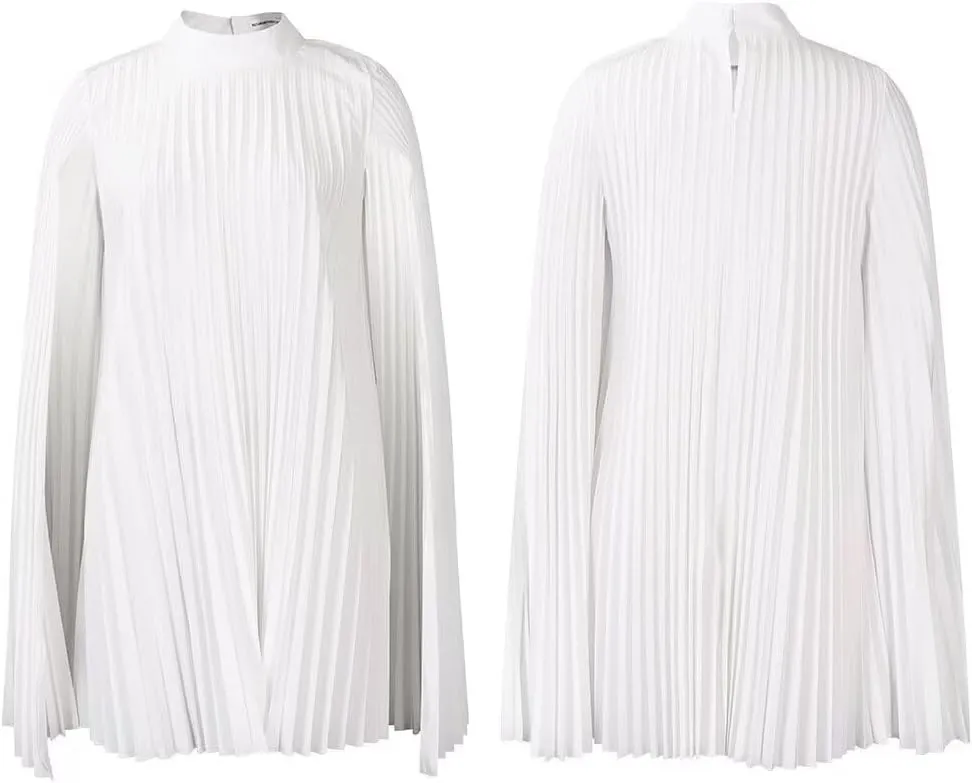 Women's Mock Neck Cloak Sleeve Pleated Keyhole Back Flowy Party Midi Dress Pleated Short Dress for Cocktail Party
