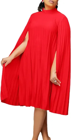 Women's Mock Neck Cloak Sleeve Pleated Keyhole Back Flowy Party Midi Dress Pleated Short Dress for Cocktail Party