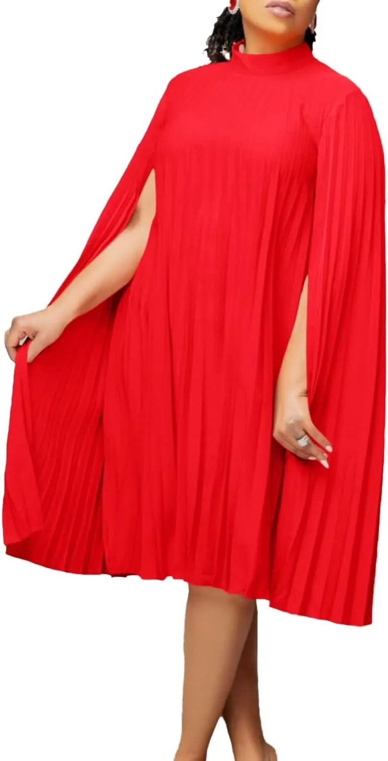 Women's Mock Neck Cloak Sleeve Pleated Keyhole Back Flowy Party Midi Dress Pleated Short Dress for Cocktail Party
