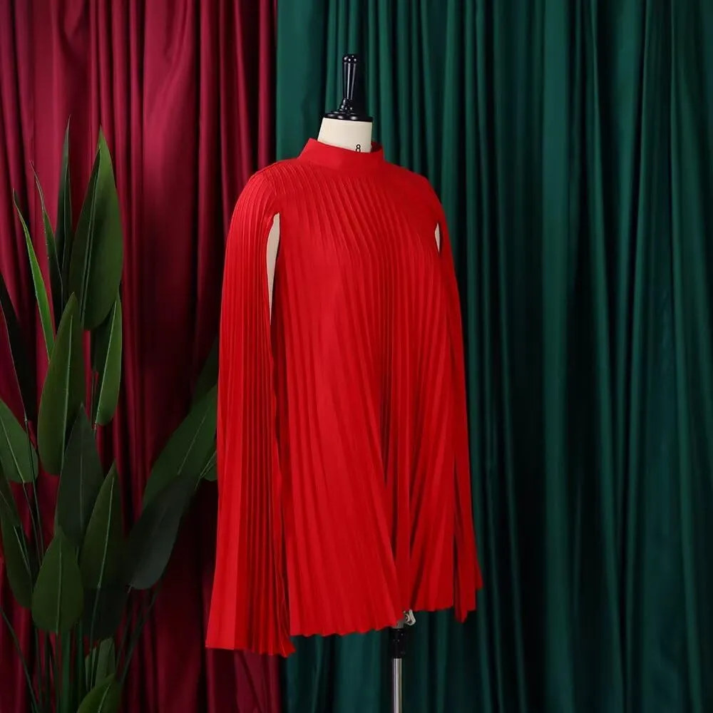 Women's Mock Neck Cloak Sleeve Pleated Keyhole Back Flowy Party Midi Dress Pleated Short Dress for Cocktail Party