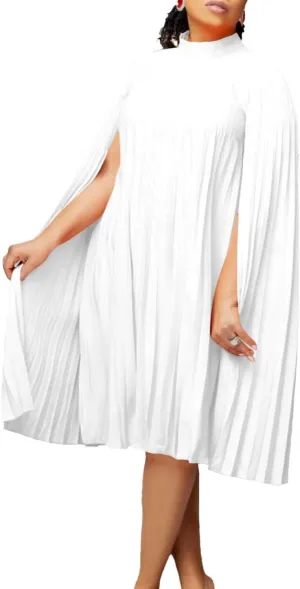 Women's Mock Neck Cloak Sleeve Pleated Keyhole Back Flowy Party Midi Dress Pleated Short Dress for Cocktail Party