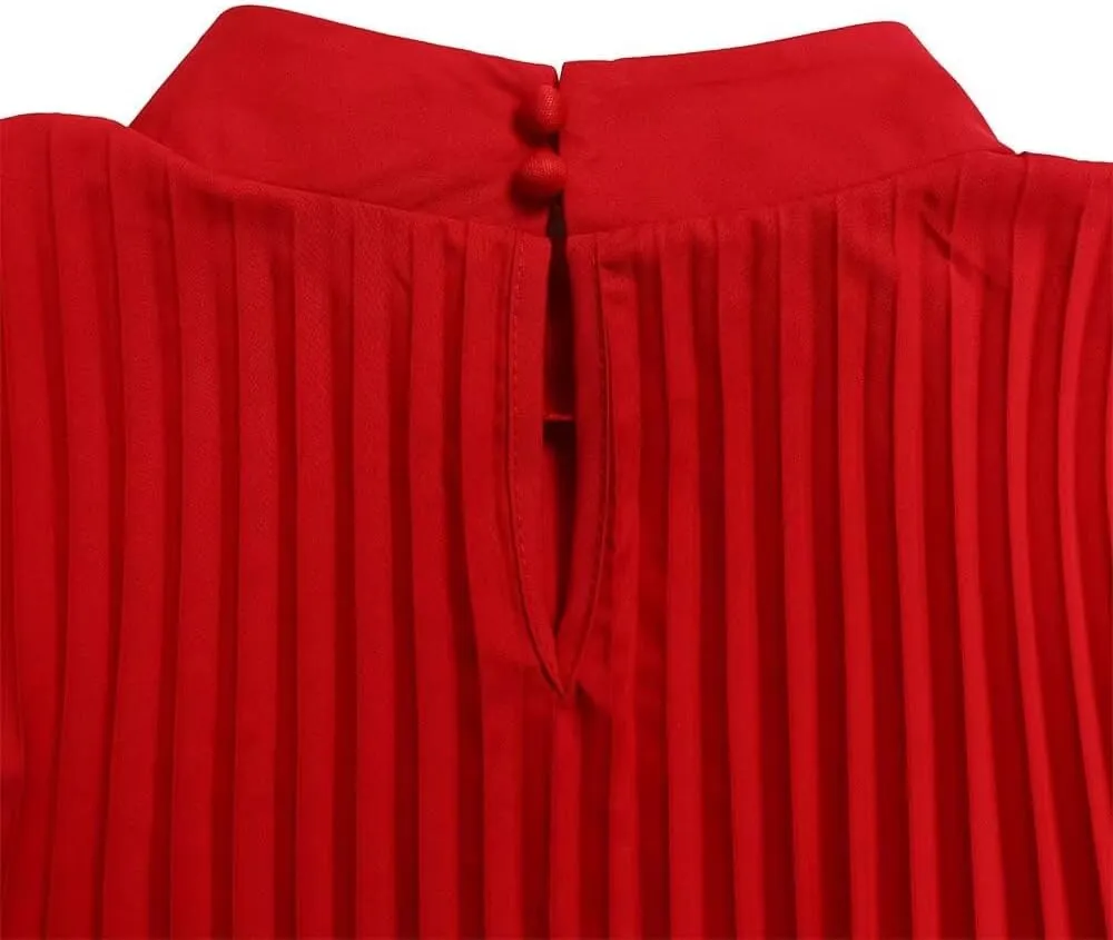 Women's Mock Neck Cloak Sleeve Pleated Keyhole Back Flowy Party Midi Dress Pleated Short Dress for Cocktail Party