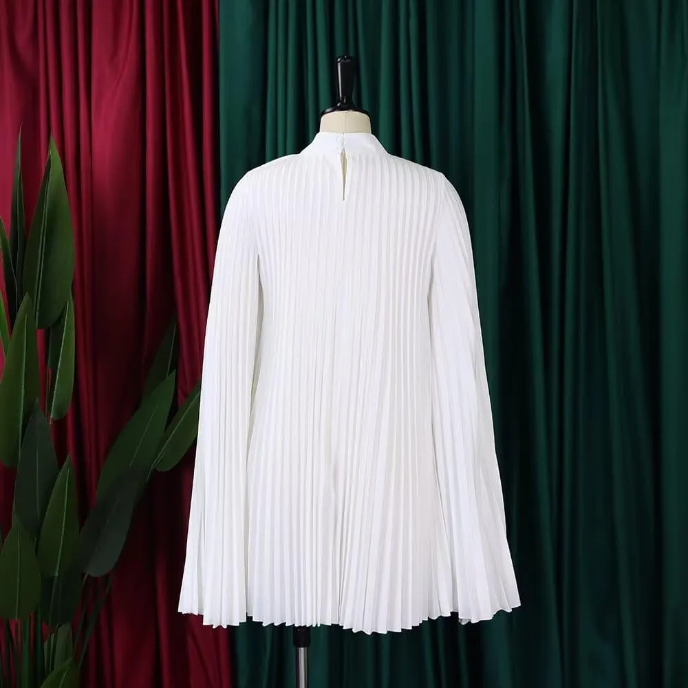 Women's Mock Neck Cloak Sleeve Pleated Keyhole Back Flowy Party Midi Dress Pleated Short Dress for Cocktail Party