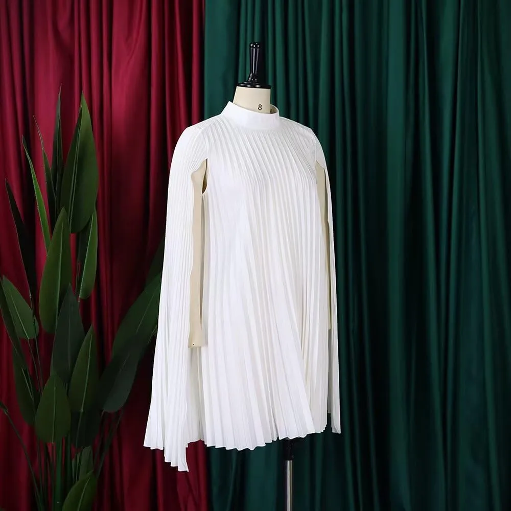 Women's Mock Neck Cloak Sleeve Pleated Keyhole Back Flowy Party Midi Dress Pleated Short Dress for Cocktail Party