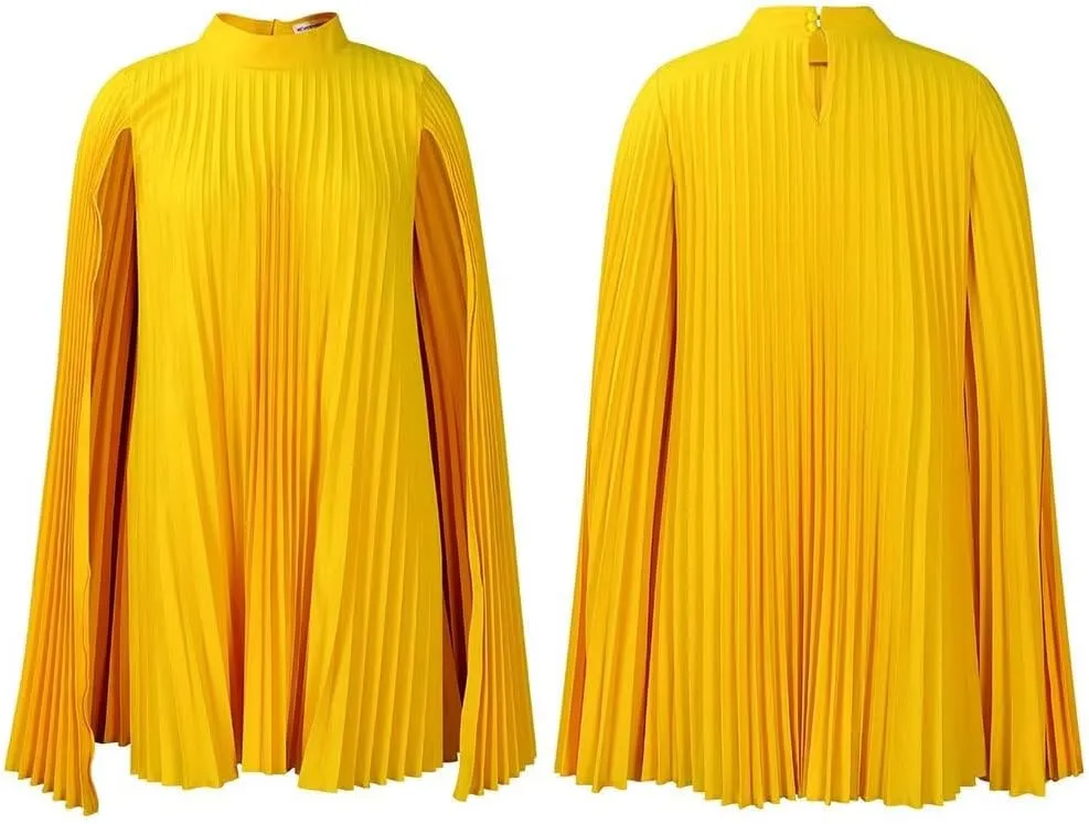 Women's Mock Neck Cloak Sleeve Pleated Keyhole Back Flowy Party Midi Dress Pleated Short Dress for Cocktail Party