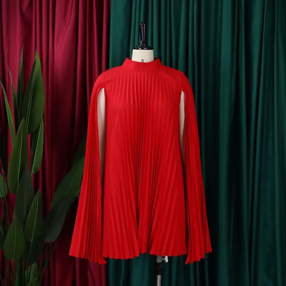 Women's Mock Neck Cloak Sleeve Pleated Keyhole Back Flowy Party Midi Dress Pleated Short Dress for Cocktail Party