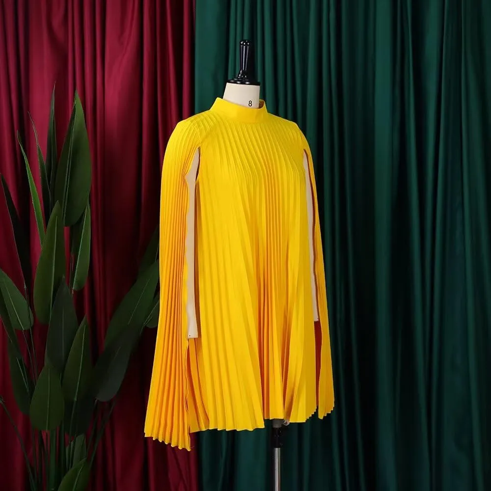 Women's Mock Neck Cloak Sleeve Pleated Keyhole Back Flowy Party Midi Dress Pleated Short Dress for Cocktail Party
