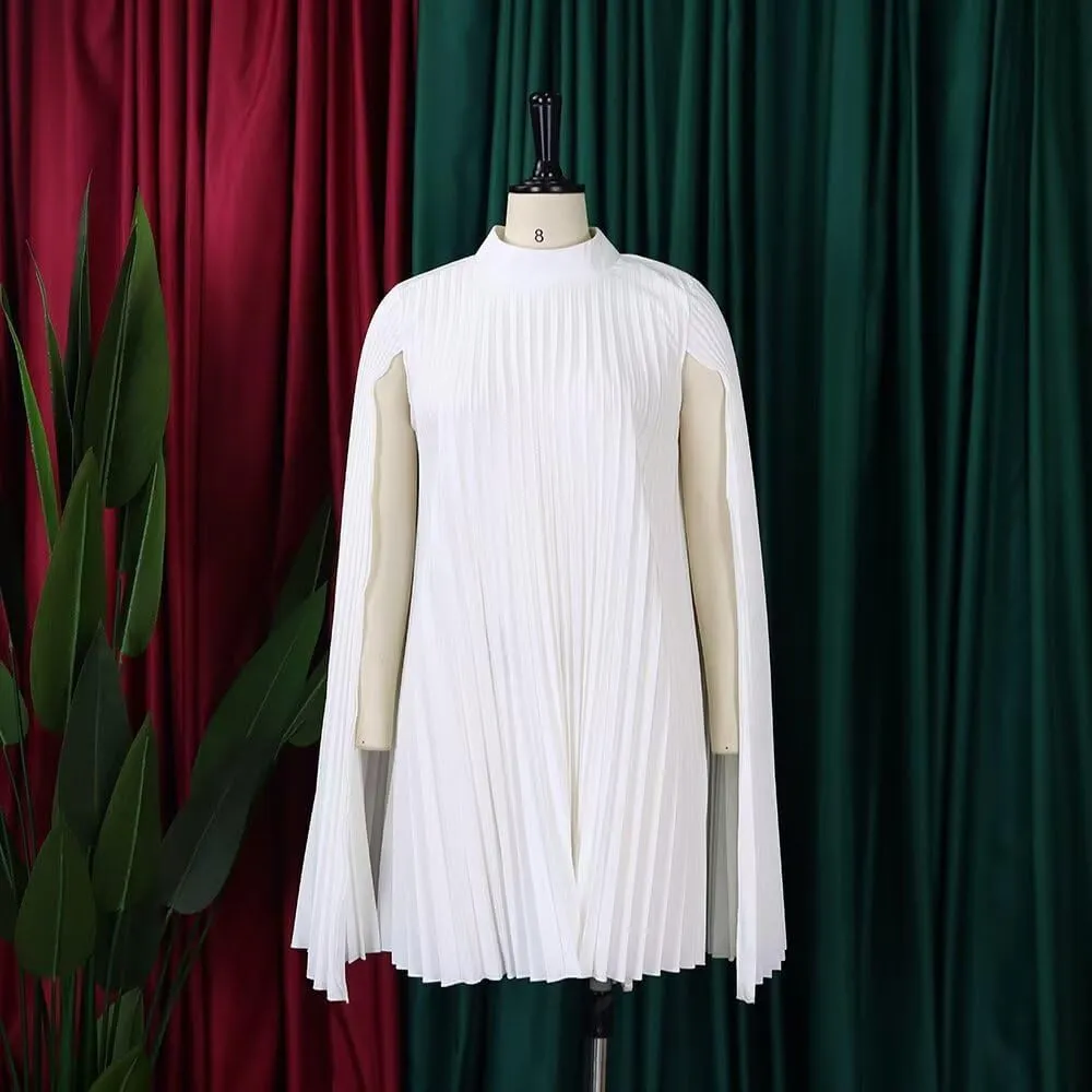 Women's Mock Neck Cloak Sleeve Pleated Keyhole Back Flowy Party Midi Dress Pleated Short Dress for Cocktail Party