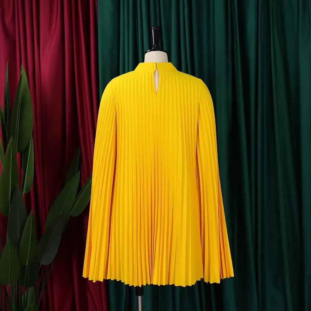 Women's Mock Neck Cloak Sleeve Pleated Keyhole Back Flowy Party Midi Short Dress