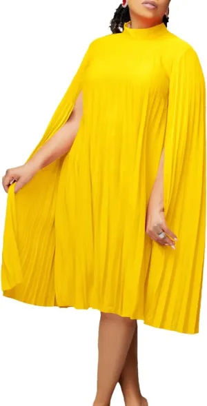 Women's Mock Neck Cloak Sleeve Pleated Keyhole Back Flowy Party Midi Short Dress
