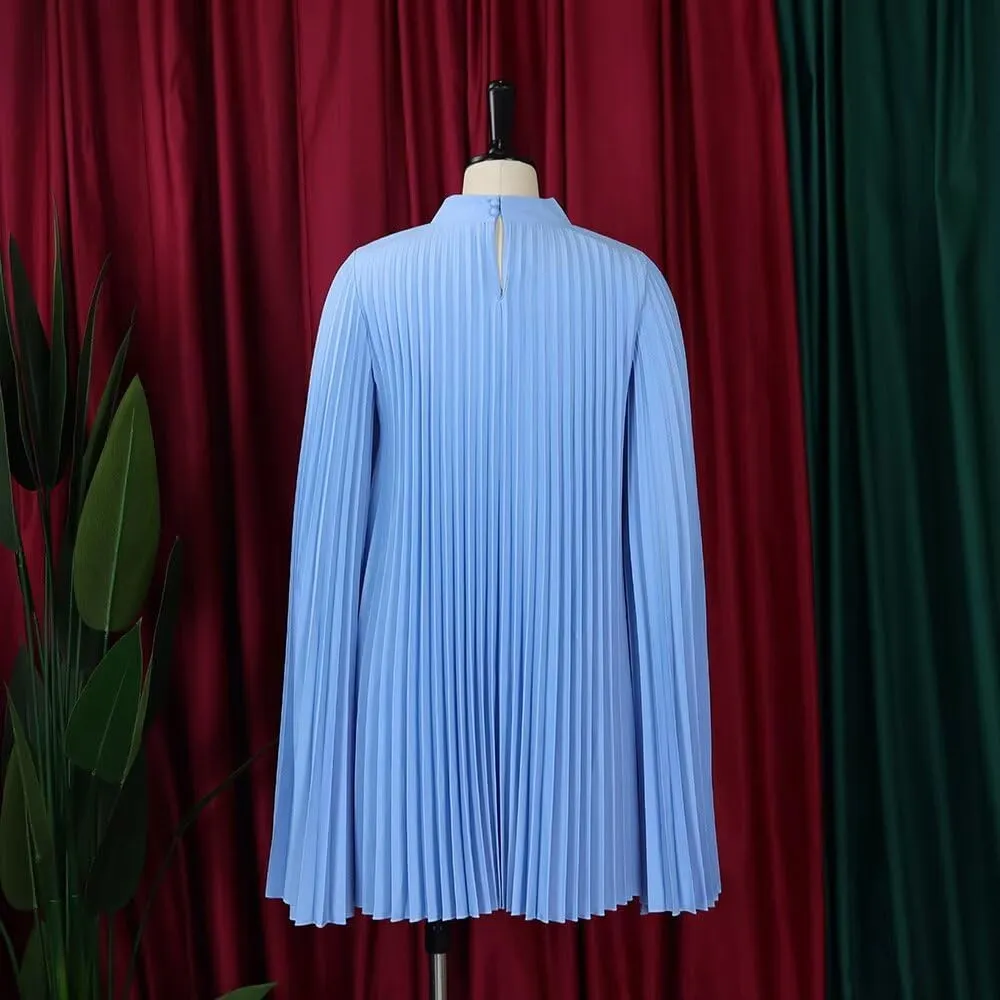 Women's Mock Neck Cloak Sleeve Pleated Keyhole Back Flowy Party Midi Short Dress
