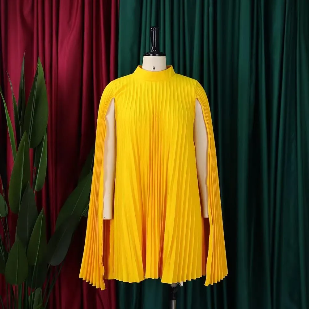 Women's Mock Neck Cloak Sleeve Pleated Keyhole Back Flowy Party Midi Short Dress