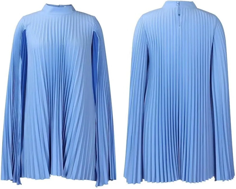 Women's Mock Neck Cloak Sleeve Pleated Keyhole Back Flowy Party Midi Short Dress