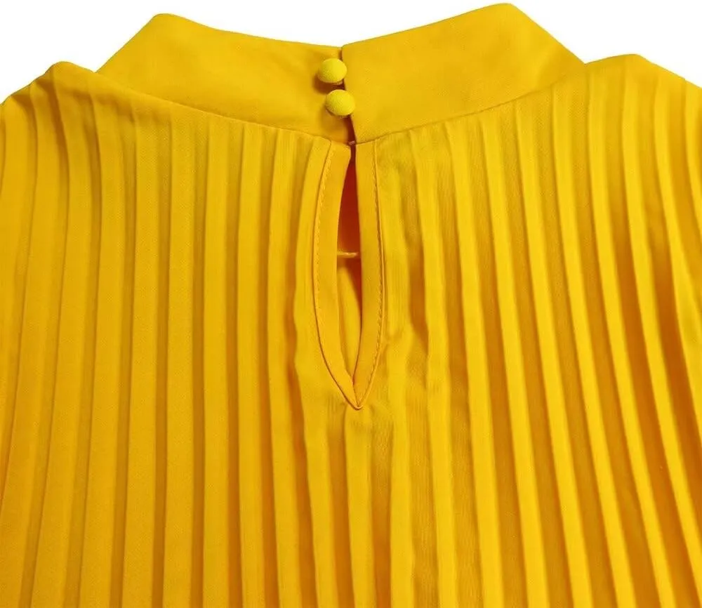 Women's Mock Neck Cloak Sleeve Pleated Keyhole Back Flowy Party Midi Short Dress