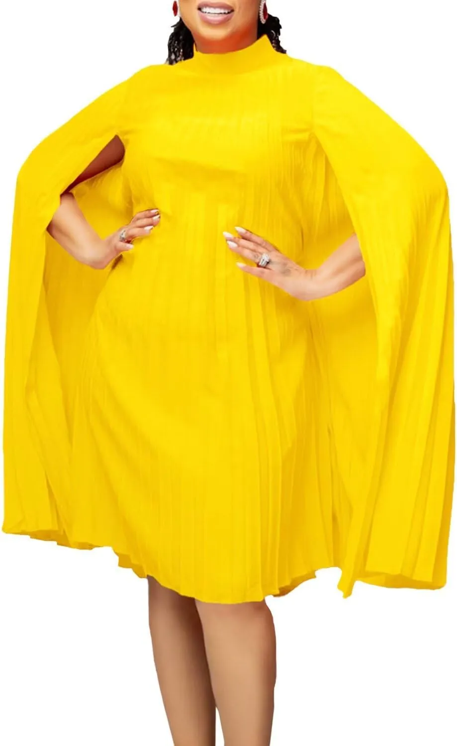 Women's Mock Neck Cloak Sleeve Pleated Keyhole Back Flowy Party Midi Short Dress