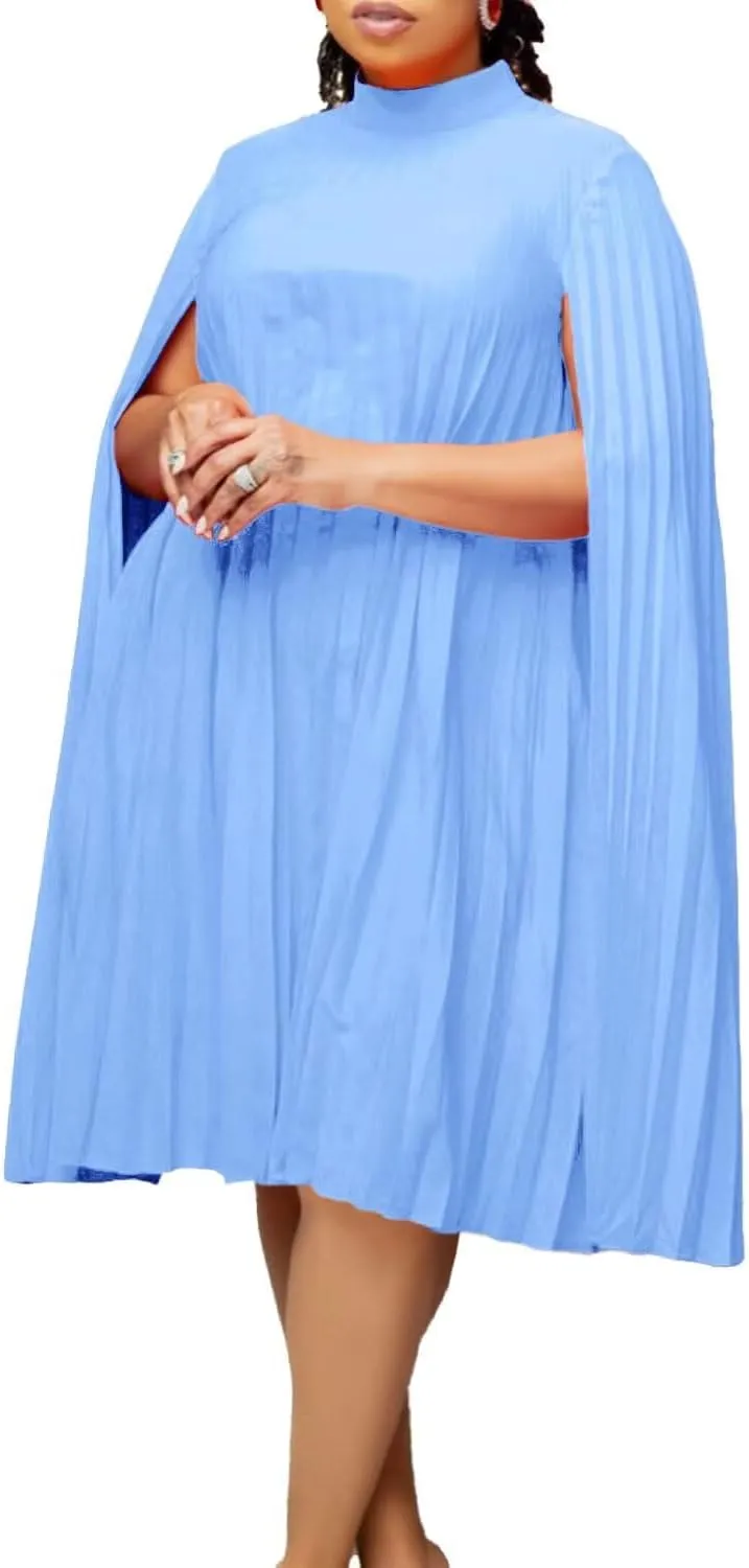 Women's Mock Neck Cloak Sleeve Pleated Keyhole Back Flowy Party Midi Short Dress