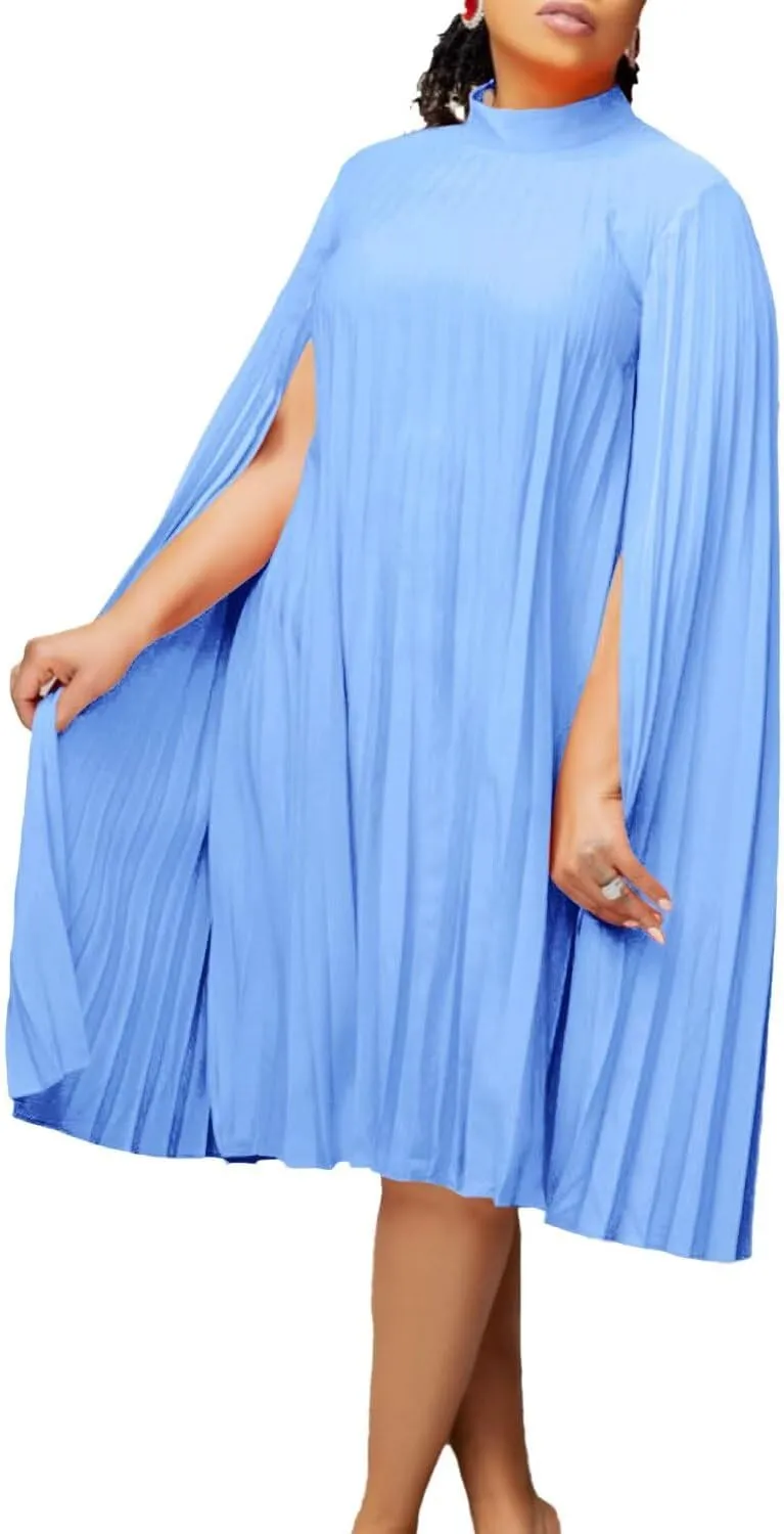 Women's Mock Neck Cloak Sleeve Pleated Keyhole Back Flowy Party Midi Short Dress