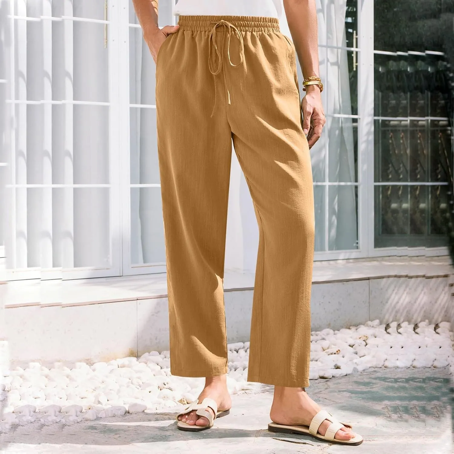 Womens Pants, Linen Straight Leg Peasant Pants Trendy Casual Wide Comfy Lounge