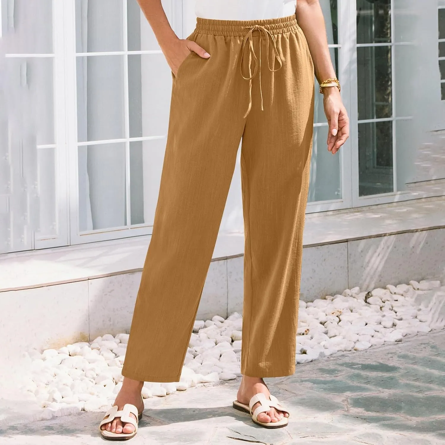 Womens Pants, Linen Straight Leg Peasant Pants Trendy Casual Wide Comfy Lounge