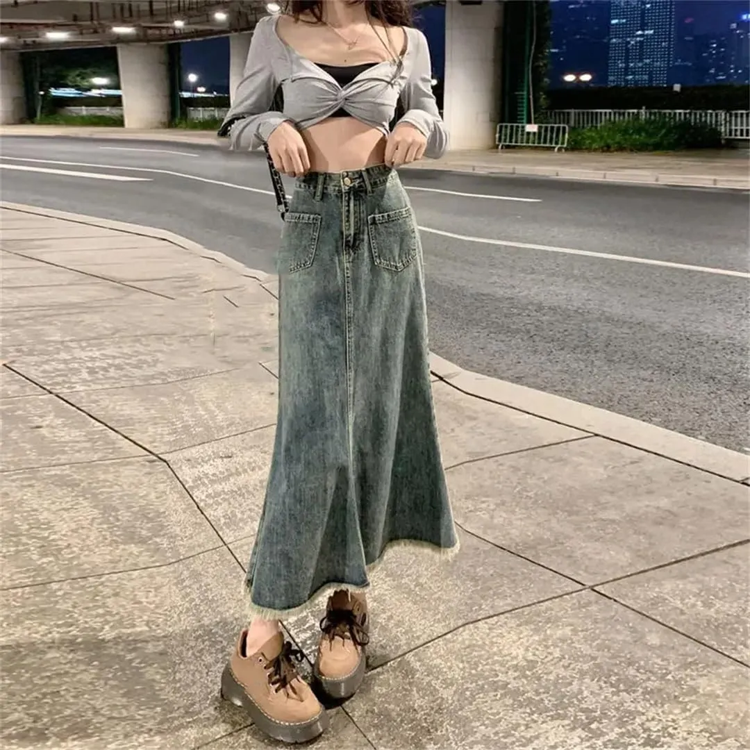 Women's Retro Denim Skirt High Waisted Thin A Line Long Skirt