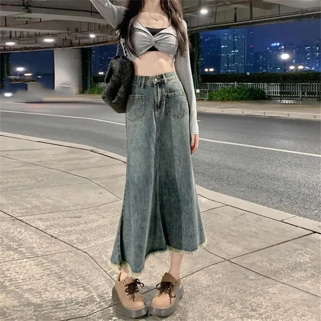 Women's Retro Denim Skirt High Waisted Thin A Line Long Skirt