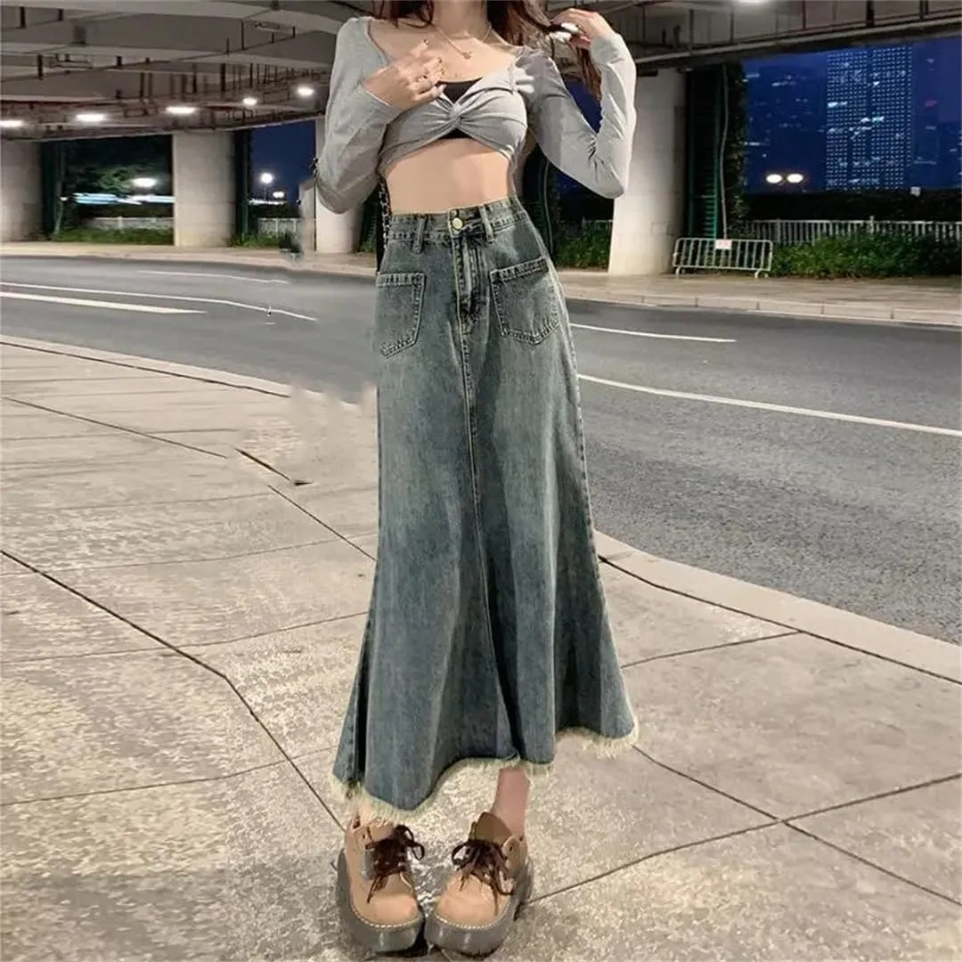 Women's Retro Denim Skirt High Waisted Thin A Line Long Skirt