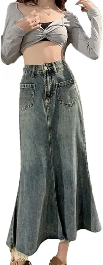 Women's Retro Denim Skirt High Waisted Thin A Line Long Skirt