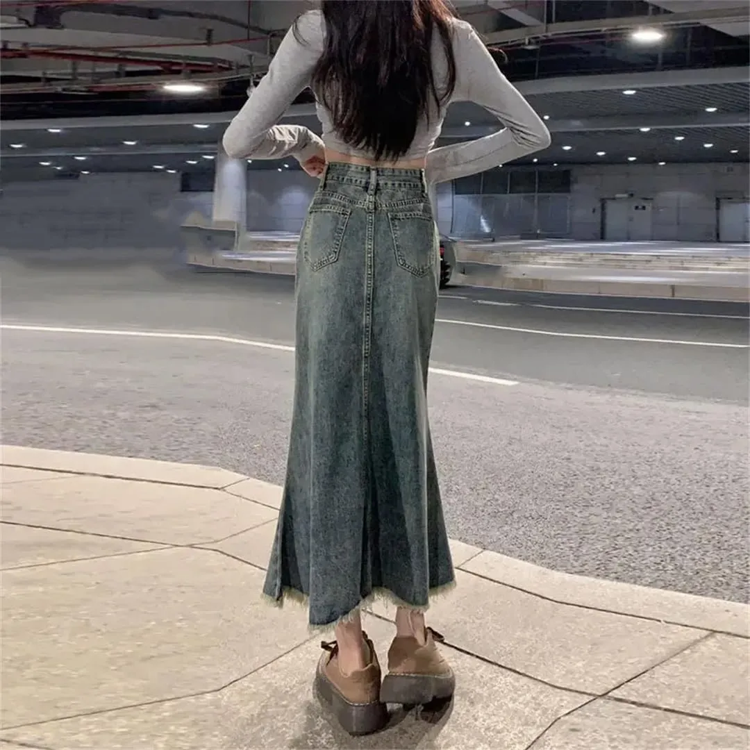 Women's Retro Denim Skirt High Waisted Thin A Line Long Skirt