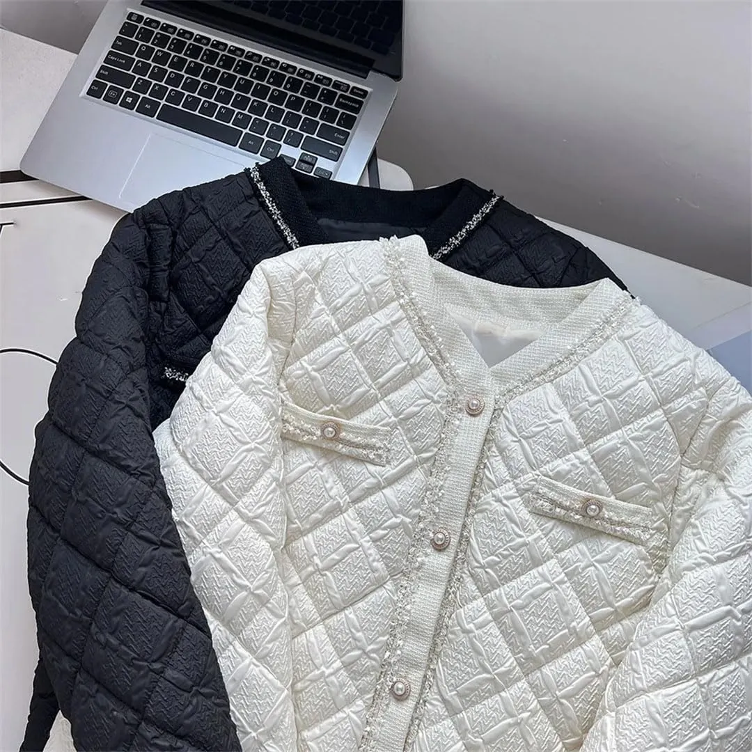 Women's Warm Parka Autumn And Winter Fashion Collarless Argyle Thin Cotton-Padded Coat