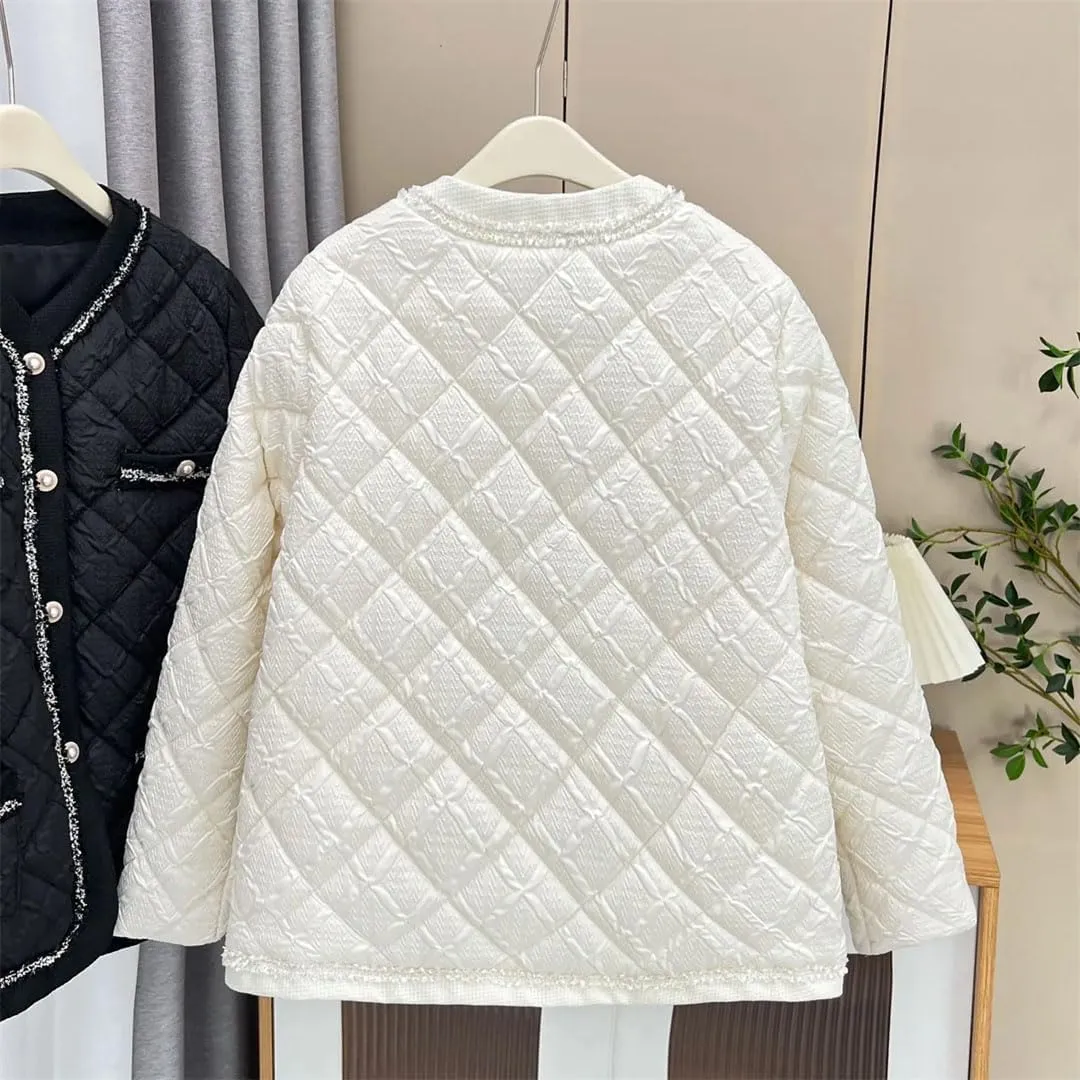 Women's Warm Parka Autumn And Winter Fashion Collarless Argyle Thin Cotton-Padded Coat