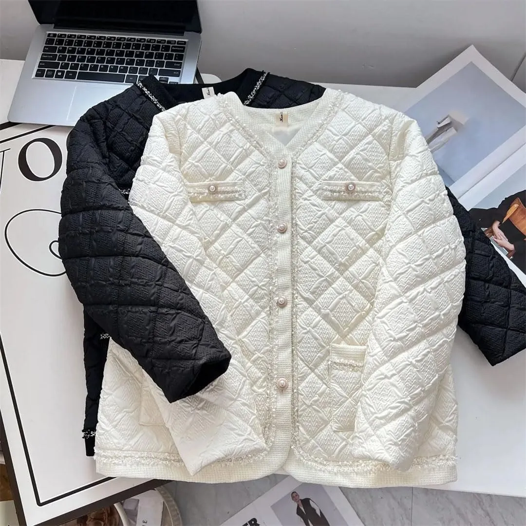 Women's Warm Parka Autumn And Winter Fashion Collarless Argyle Thin Cotton-Padded Coat