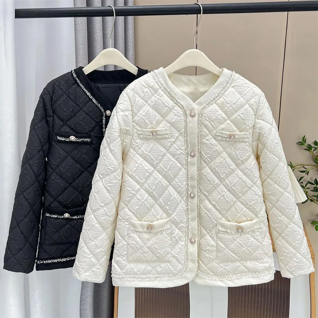 Women's Warm Parka Autumn And Winter Fashion Collarless Argyle Thin Cotton-Padded Coat
