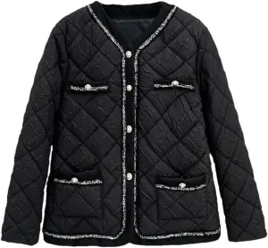 Women's Warm Parka Autumn And Winter Fashion Collarless Argyle Thin Cotton-Padded Coat