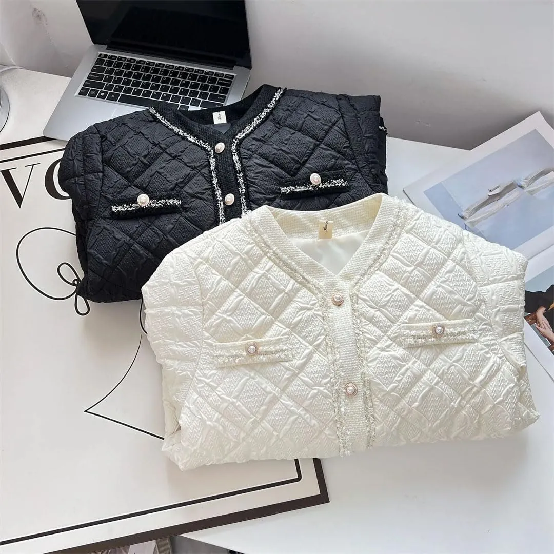 Women's Warm Parka Autumn And Winter Fashion Collarless Argyle Thin Cotton-Padded Coat