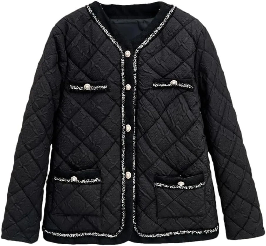 Women's Warm Parka Autumn And Winter Fashion Collarless Argyle Thin Cotton-Padded Coat