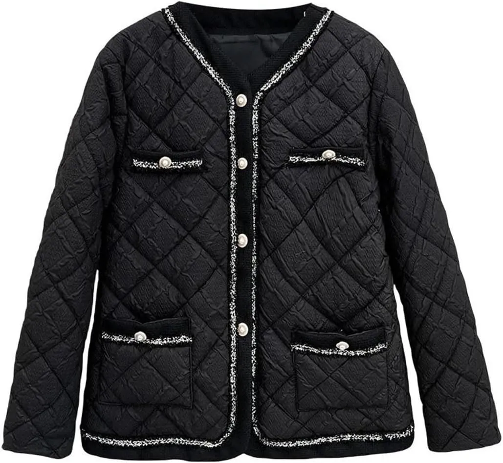 Women's Warm Parka Autumn And Winter Fashion Collarless Argyle Thin Cotton-Padded Coat