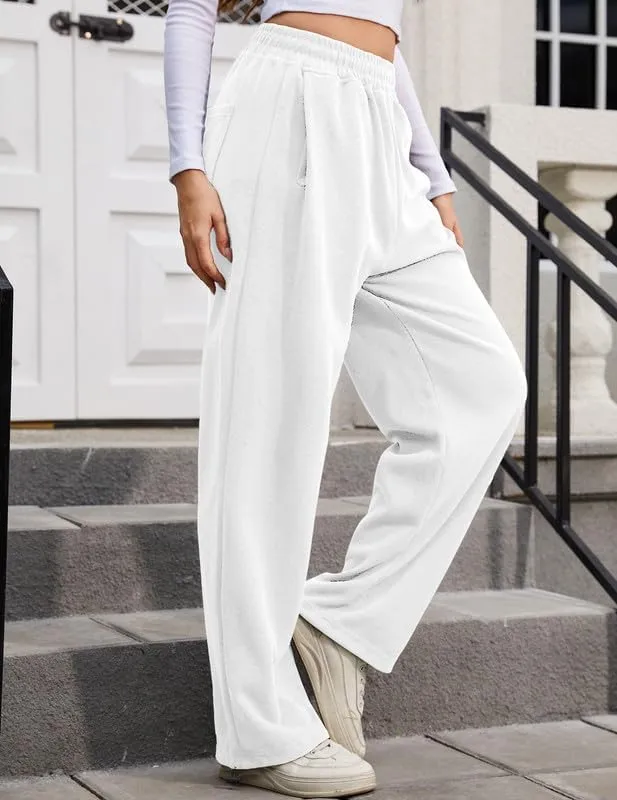 Women's Wide Leg Pants with Pockets Casual Sweatpants Elastic Waist Drawstring Comfy Lounge Flowy Pants