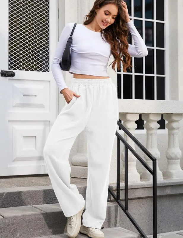 Women's Wide Leg Pants with Pockets Casual Sweatpants Elastic Waist Drawstring Comfy Lounge Flowy Pants